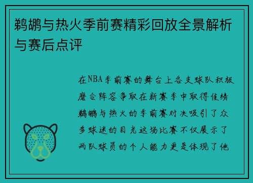 鹈鹕与热火季前赛精彩回放全景解析与赛后点评