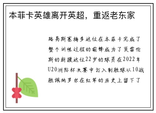 本菲卡英雄离开英超，重返老东家