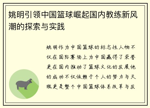 姚明引领中国篮球崛起国内教练新风潮的探索与实践